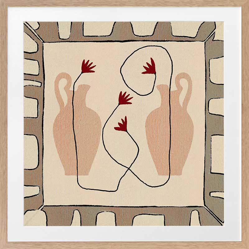Minimalist composition of two neutral-toned vases with red blooms on a beige backdrop, bordered by a taupe and ivory geometric frame, from the Shatha collection with Urban Road.