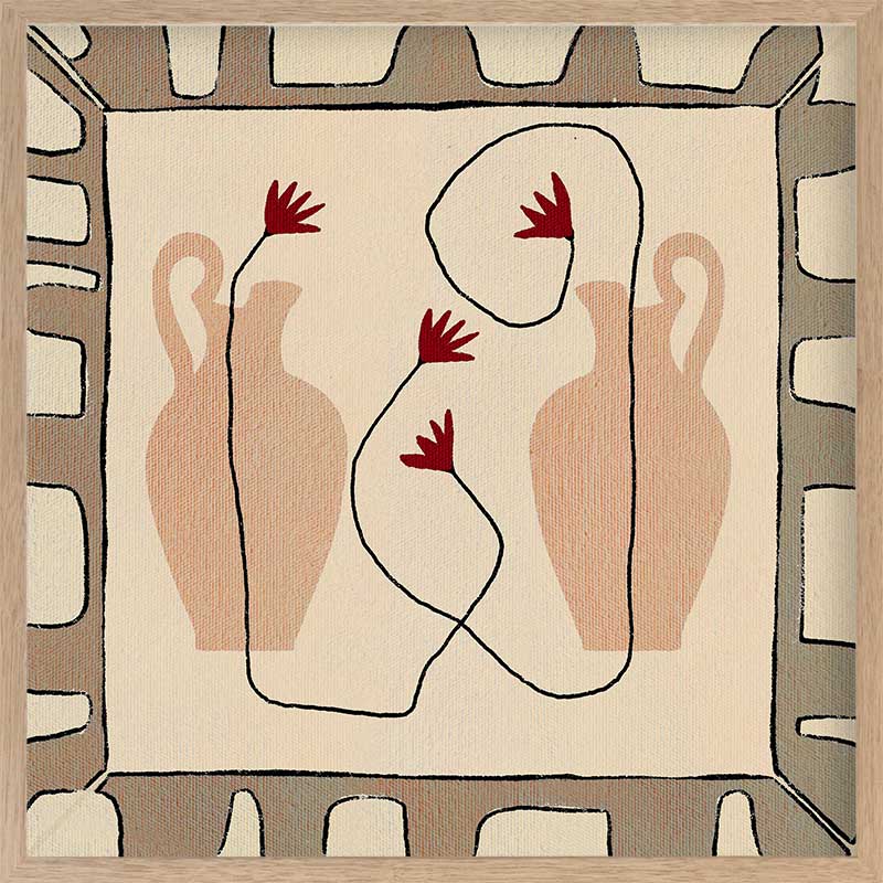 Minimalist composition of two neutral-toned vases with red blooms on a beige backdrop, bordered by a taupe and ivory geometric frame, from the Shatha collection with Urban Road.