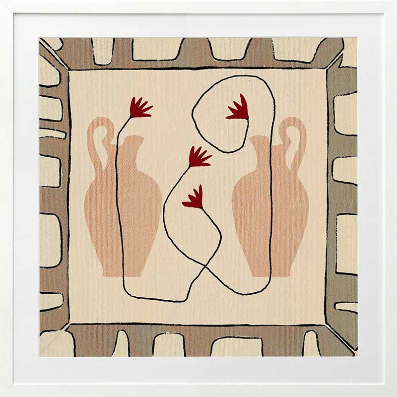 Minimalist composition of two neutral-toned vases with red blooms on a beige backdrop, bordered by a taupe and ivory geometric frame, from the Shatha collection with Urban Road.