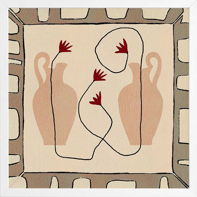 Minimalist composition of two neutral-toned vases with red blooms on a beige backdrop, bordered by a taupe and ivory geometric frame, from the Shatha collection with Urban Road.