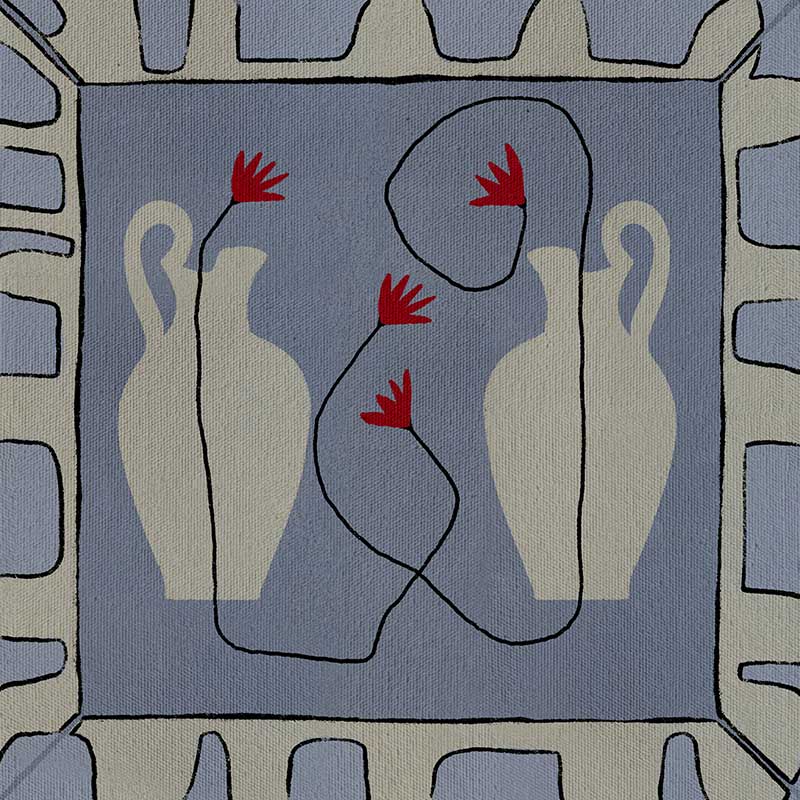 Duo of pale blue vases with bright red flowers, arranged over a denim-toned background and framed in blue and white block patterning, from the Shatha collection with Urban Road.