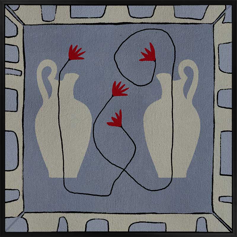 Duo of pale blue vases with bright red flowers, arranged over a denim-toned background and framed in blue and white block patterning, from the Shatha collection with Urban Road.