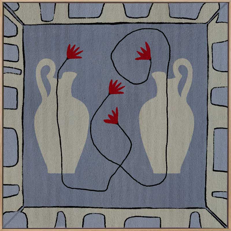 Duo of pale blue vases with bright red flowers, arranged over a denim-toned background and framed in blue and white block patterning, from the Shatha collection with Urban Road.