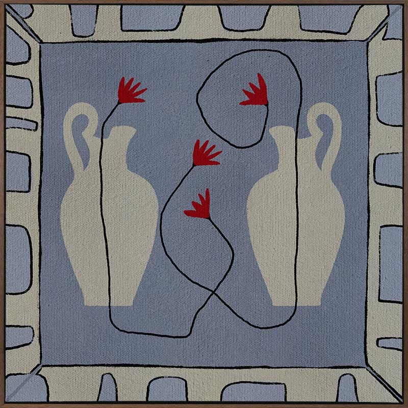 Duo of pale blue vases with bright red flowers, arranged over a denim-toned background and framed in blue and white block patterning, from the Shatha collection with Urban Road.