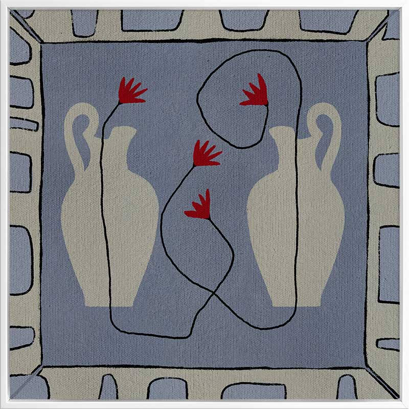 Duo of pale blue vases with bright red flowers, arranged over a denim-toned background and framed in blue and white block patterning, from the Shatha collection with Urban Road.