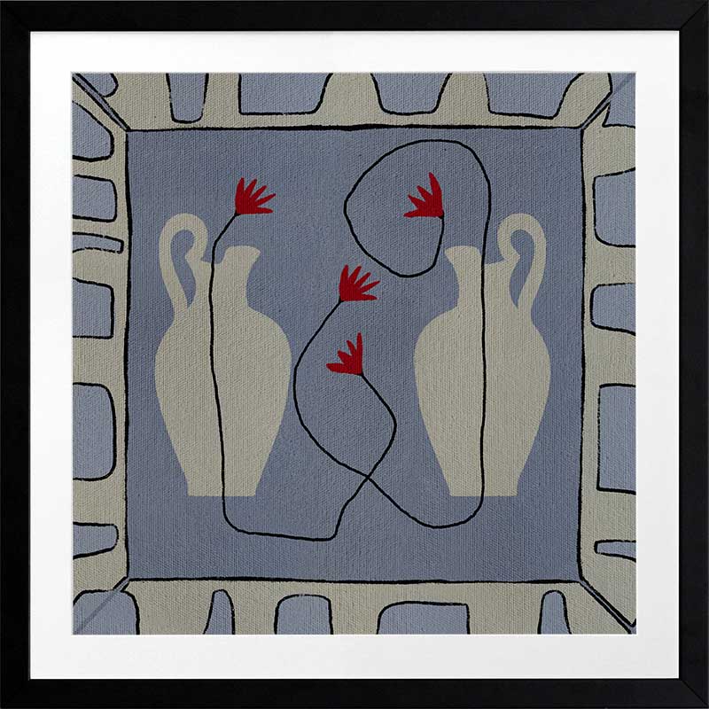 Duo of pale blue vases with bright red flowers, arranged over a denim-toned background and framed in blue and white block patterning, from the Shatha collection with Urban Road.