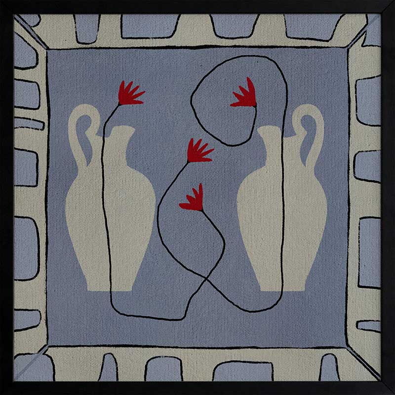 Duo of pale blue vases with bright red flowers, arranged over a denim-toned background and framed in blue and white block patterning, from the Shatha collection with Urban Road.