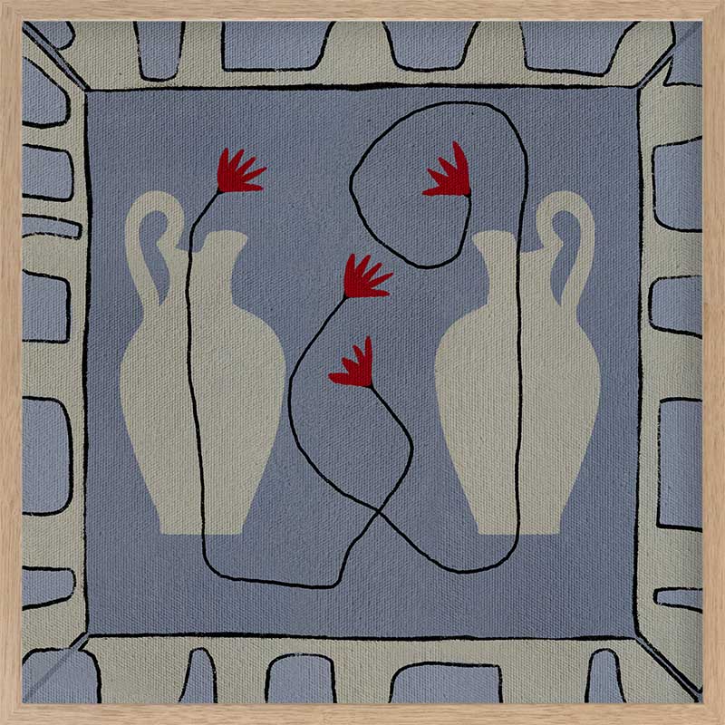 Duo of pale blue vases with bright red flowers, arranged over a denim-toned background and framed in blue and white block patterning, from the Shatha collection with Urban Road.