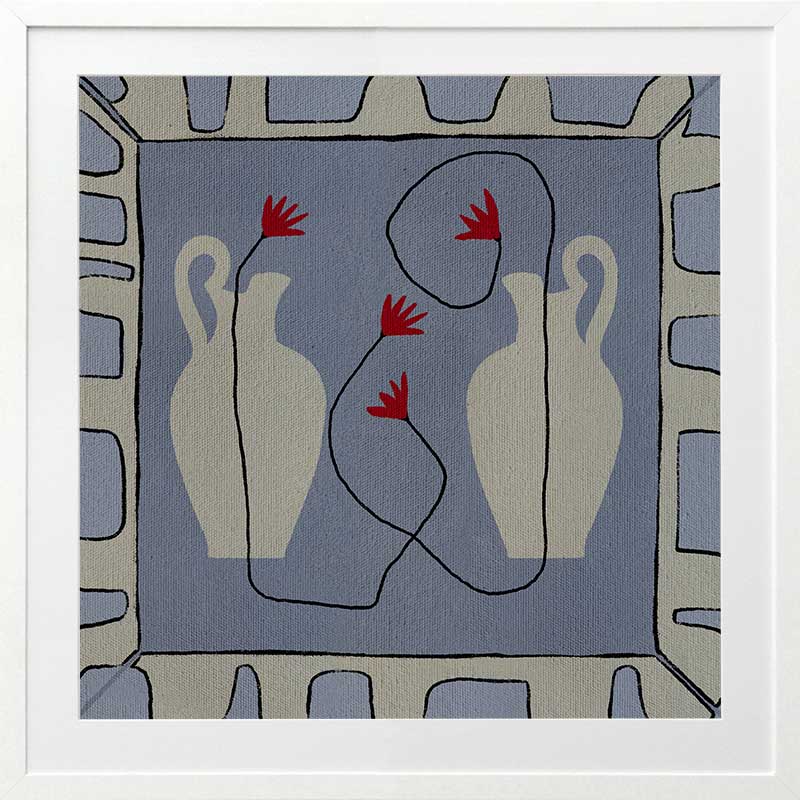 Duo of pale blue vases with bright red flowers, arranged over a denim-toned background and framed in blue and white block patterning, from the Shatha collection with Urban Road.