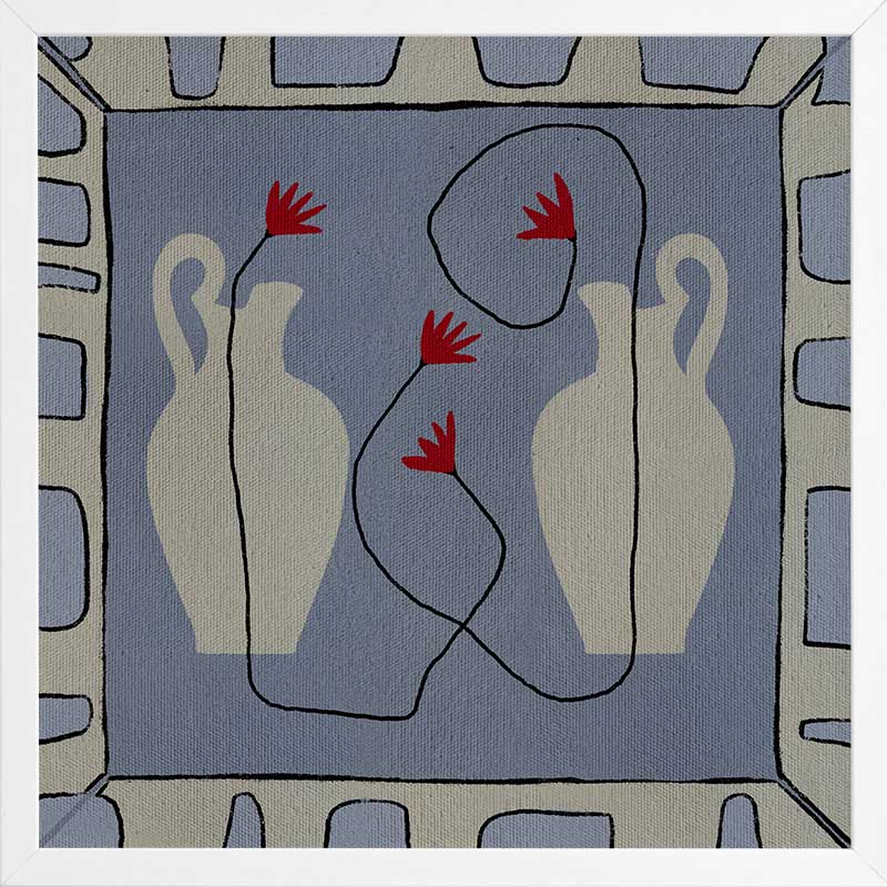 Duo of pale blue vases with bright red flowers, arranged over a denim-toned background and framed in blue and white block patterning, from the Shatha collection with Urban Road.