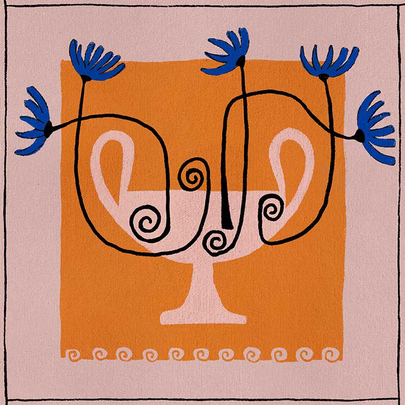 Graphic floral composition with a pink twin-handled vase and electric blue blooms, set on a bold orange block and pink background, from the Shatha collection with Urban Road.