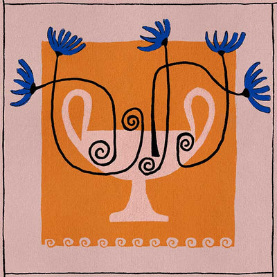 Graphic floral composition with a pink twin-handled vase and electric blue blooms, set on a bold orange block and pink background, from the Shatha collection with Urban Road.