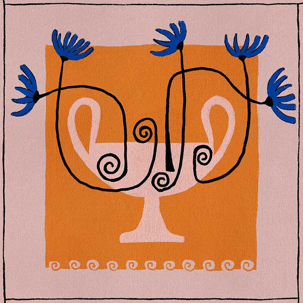 Graphic floral composition with a pink twin-handled vase and electric blue blooms, set on a bold orange block and pink background, from the Shatha collection with Urban Road.