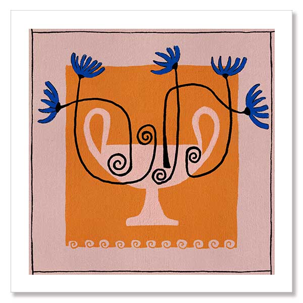 Graphic floral composition with a pink twin-handled vase and electric blue blooms, set on a bold orange block and pink background, from the Shatha collection with Urban Road.