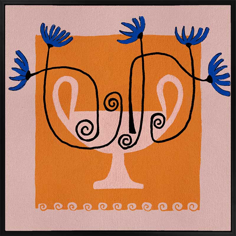 Graphic floral composition with a pink twin-handled vase and electric blue blooms, set on a bold orange block and pink background, from the Shatha collection with Urban Road.