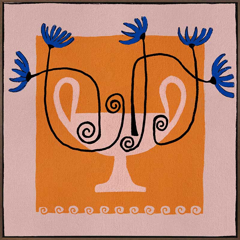 Graphic floral composition with a pink twin-handled vase and electric blue blooms, set on a bold orange block and pink background, from the Shatha collection with Urban Road.
