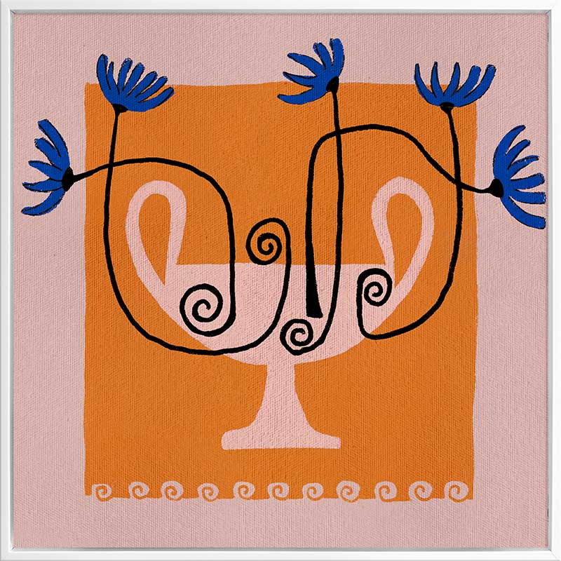 Graphic floral composition with a pink twin-handled vase and electric blue blooms, set on a bold orange block and pink background, from the Shatha collection with Urban Road.