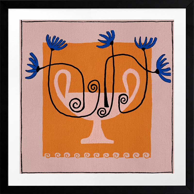 Graphic floral composition with a pink twin-handled vase and electric blue blooms, set on a bold orange block and pink background, from the Shatha collection with Urban Road.