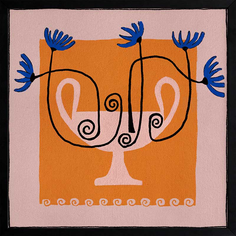Graphic floral composition with a pink twin-handled vase and electric blue blooms, set on a bold orange block and pink background, from the Shatha collection with Urban Road.
