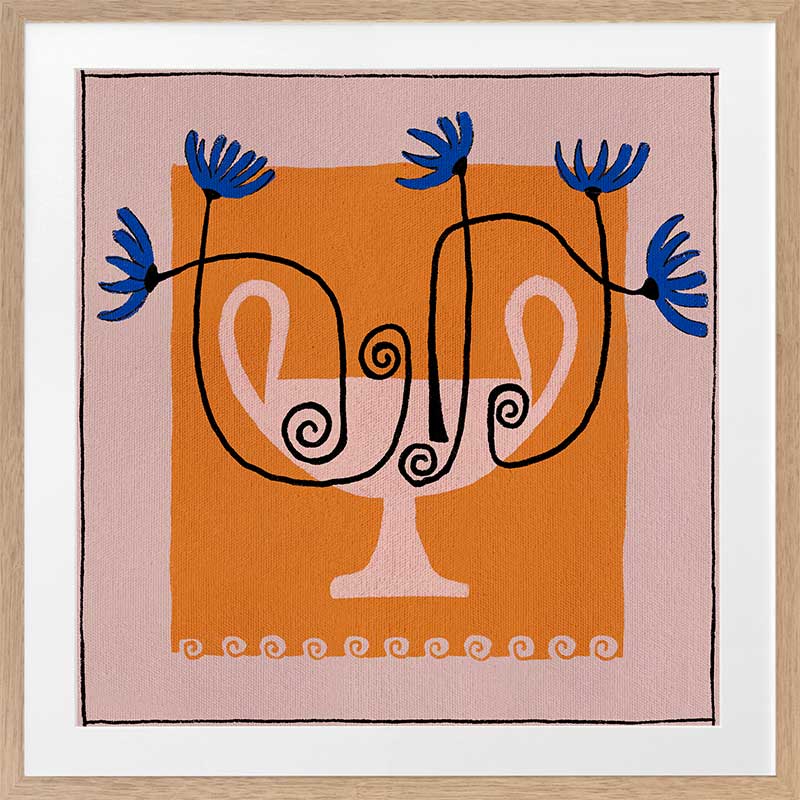 Graphic floral composition with a pink twin-handled vase and electric blue blooms, set on a bold orange block and pink background, from the Shatha collection with Urban Road.