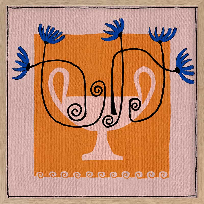 Graphic floral composition with a pink twin-handled vase and electric blue blooms, set on a bold orange block and pink background, from the Shatha collection with Urban Road.