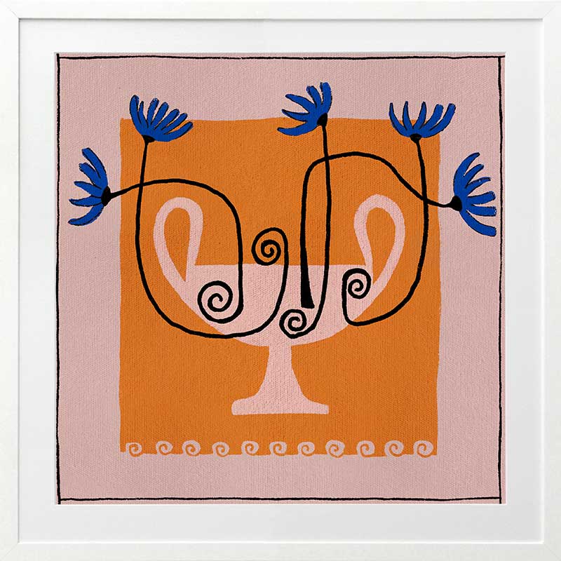 Graphic floral composition with a pink twin-handled vase and electric blue blooms, set on a bold orange block and pink background, from the Shatha collection with Urban Road.