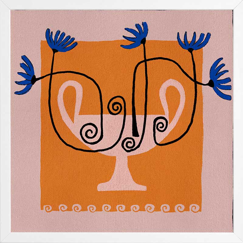 Graphic floral composition with a pink twin-handled vase and electric blue blooms, set on a bold orange block and pink background, from the Shatha collection with Urban Road.