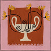 Bold floral artwork featuring a cream pedestal vase with curling black stems and yellow blooms, framed in deep red and soft pink, from the Shatha collection with Urban Road.