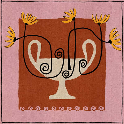 Bold floral artwork featuring a cream pedestal vase with curling black stems and yellow blooms, framed in deep red and soft pink, from the Shatha collection with Urban Road.