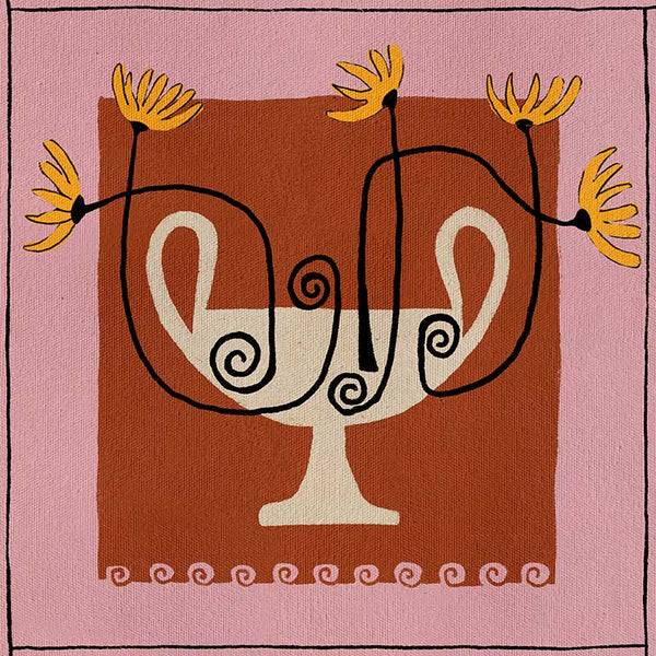 Bold floral artwork featuring a cream pedestal vase with curling black stems and yellow blooms, framed in deep red and soft pink, from the Shatha collection with Urban Road.