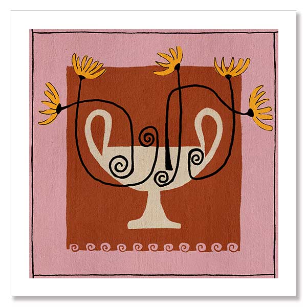Bold floral artwork featuring a cream pedestal vase with curling black stems and yellow blooms, framed in deep red and soft pink, from the Shatha collection with Urban Road.