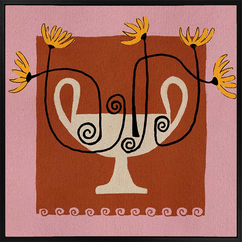 Bold floral artwork featuring a cream pedestal vase with curling black stems and yellow blooms, framed in deep red and soft pink, from the Shatha collection with Urban Road.