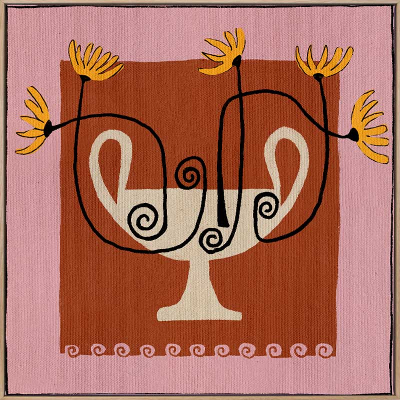 Bold floral artwork featuring a cream pedestal vase with curling black stems and yellow blooms, framed in deep red and soft pink, from the Shatha collection with Urban Road.