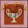 Bold floral artwork featuring a cream pedestal vase with curling black stems and yellow blooms, framed in deep red and soft pink, from the Shatha collection with Urban Road.