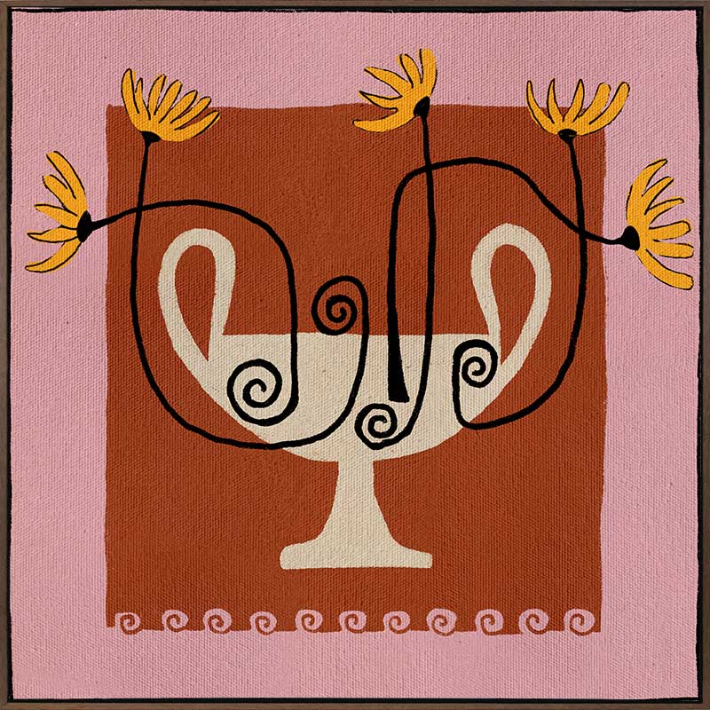 Bold floral artwork featuring a cream pedestal vase with curling black stems and yellow blooms, framed in deep red and soft pink, from the Shatha collection with Urban Road.