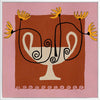 Bold floral artwork featuring a cream pedestal vase with curling black stems and yellow blooms, framed in deep red and soft pink, from the Shatha collection with Urban Road.