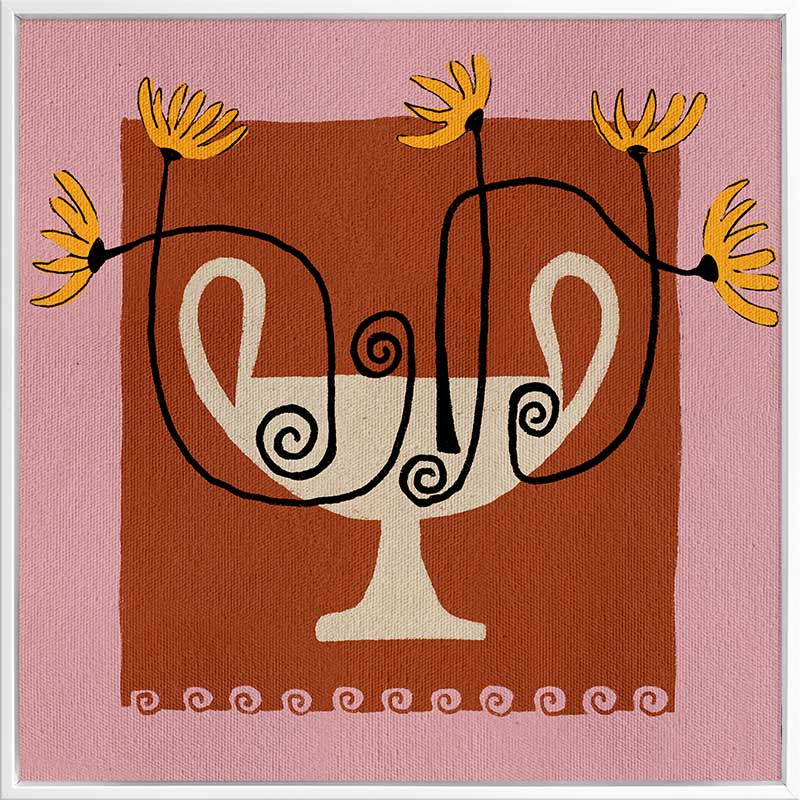 Bold floral artwork featuring a cream pedestal vase with curling black stems and yellow blooms, framed in deep red and soft pink, from the Shatha collection with Urban Road.