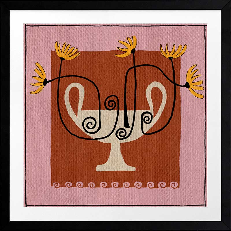 Bold floral artwork featuring a cream pedestal vase with curling black stems and yellow blooms, framed in deep red and soft pink, from the Shatha collection with Urban Road.