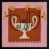 Bold floral artwork featuring a cream pedestal vase with curling black stems and yellow blooms, framed in deep red and soft pink, from the Shatha collection with Urban Road.