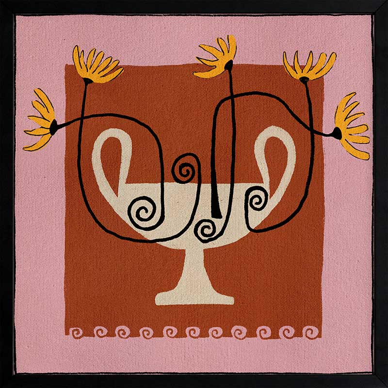 Bold floral artwork featuring a cream pedestal vase with curling black stems and yellow blooms, framed in deep red and soft pink, from the Shatha collection with Urban Road.
