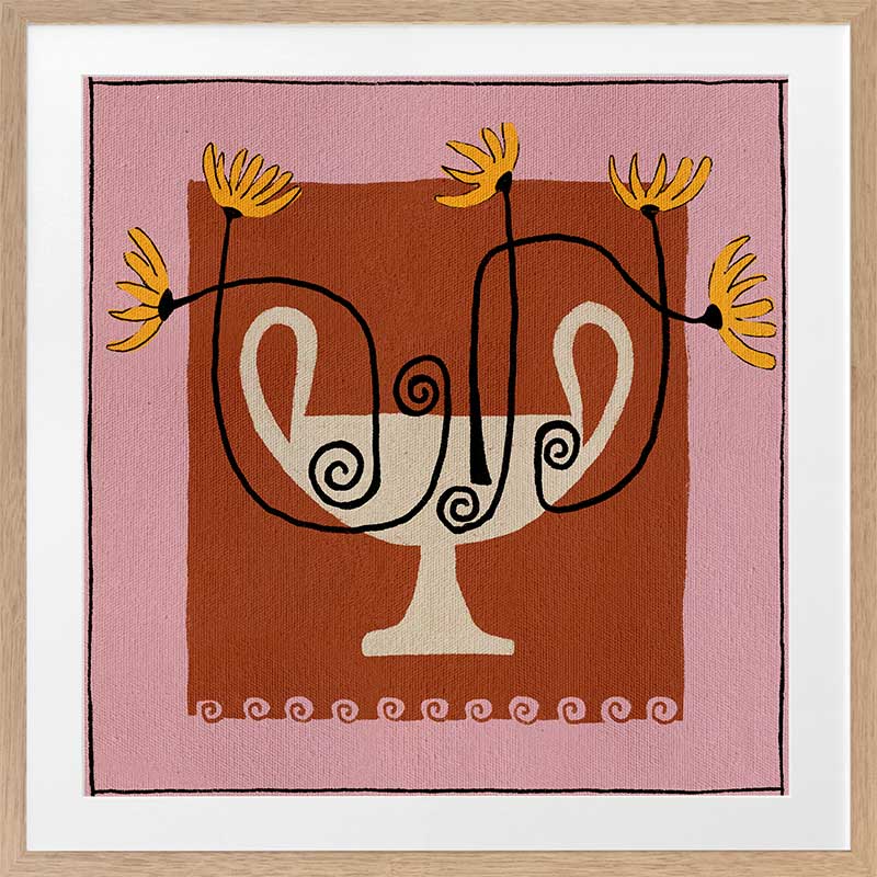 Bold floral artwork featuring a cream pedestal vase with curling black stems and yellow blooms, framed in deep red and soft pink, from the Shatha collection with Urban Road.