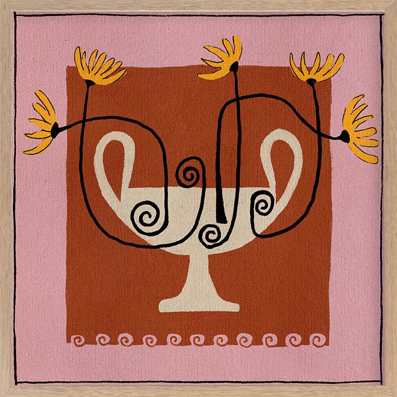 Bold floral artwork featuring a cream pedestal vase with curling black stems and yellow blooms, framed in deep red and soft pink, from the Shatha collection with Urban Road.