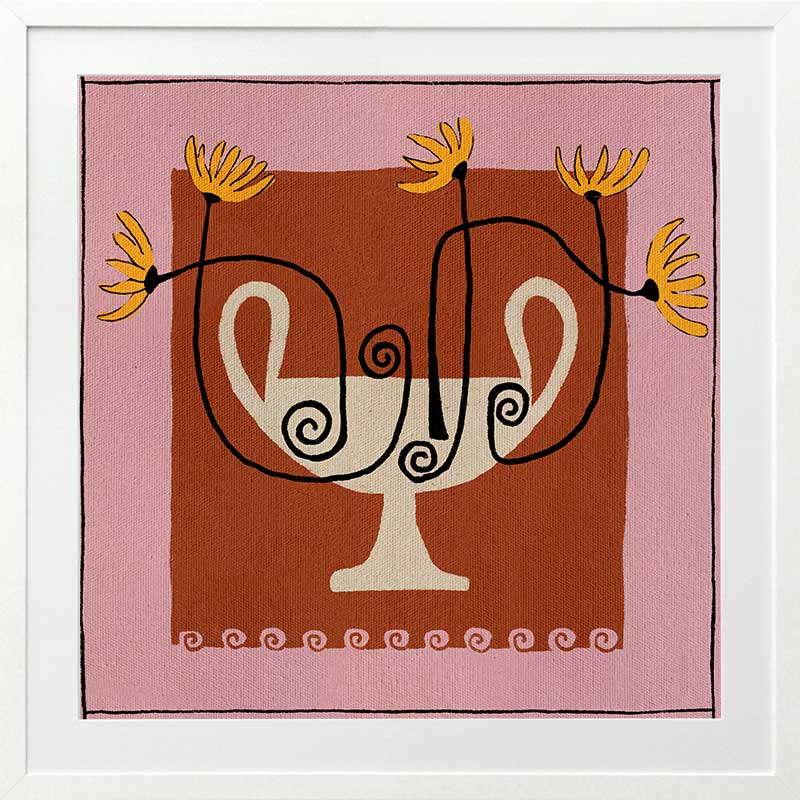 Bold floral artwork featuring a cream pedestal vase with curling black stems and yellow blooms, framed in deep red and soft pink, from the Shatha collection with Urban Road.