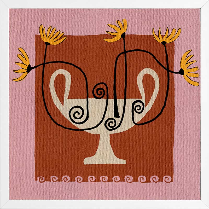 Bold floral artwork featuring a cream pedestal vase with curling black stems and yellow blooms, framed in deep red and soft pink, from the Shatha collection with Urban Road.
