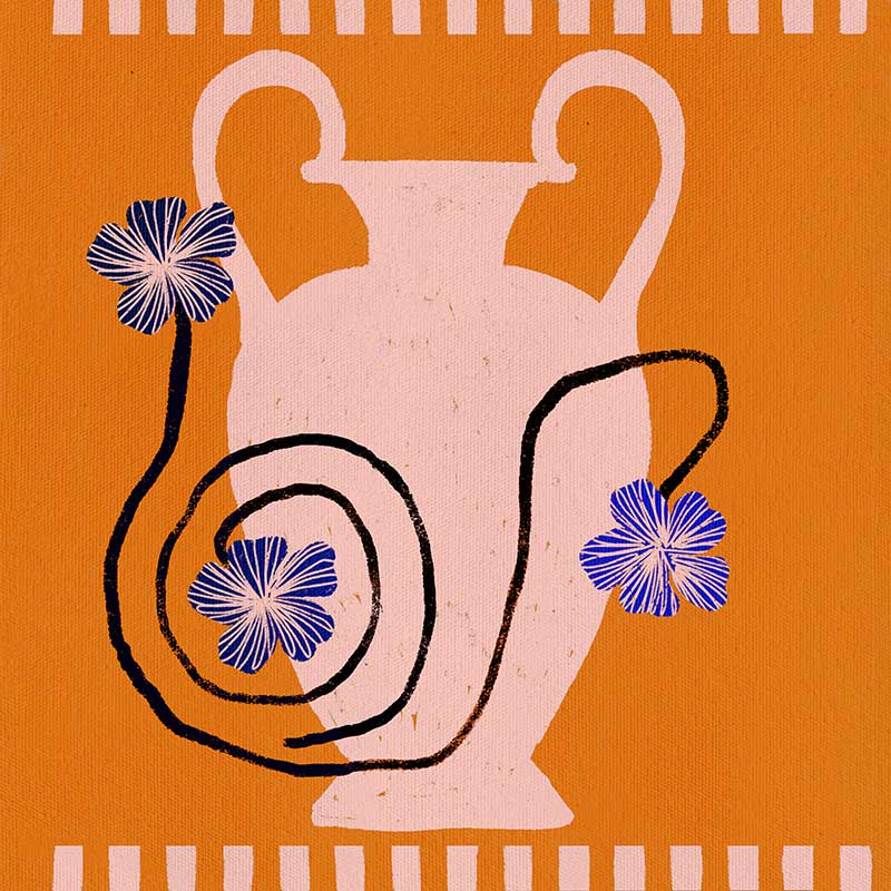 Soft pink Grecian-style vase with swirling black stems and purple blooms on a vivid orange background with a pale pink checkered border, from the Shatha collection with Urban Road.