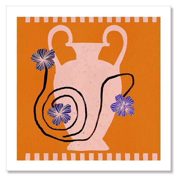Soft pink Grecian-style vase with swirling black stems and purple blooms on a vivid orange background with a pale pink checkered border, from the Shatha collection with Urban Road.