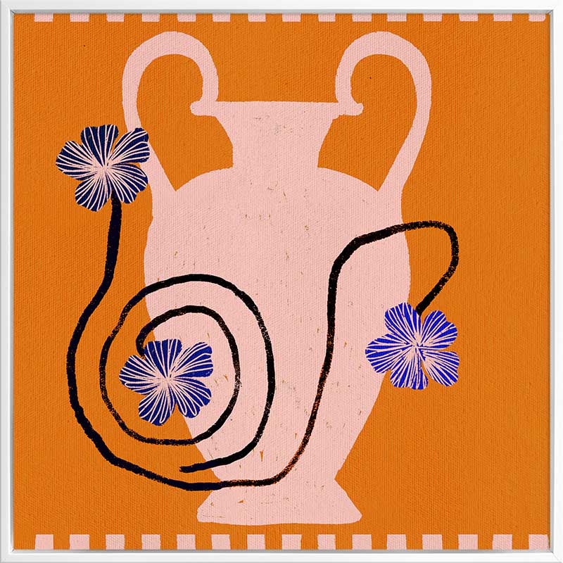 Soft pink Grecian-style vase with swirling black stems and purple blooms on a vivid orange background with a pale pink checkered border, from the Shatha collection with Urban Road.