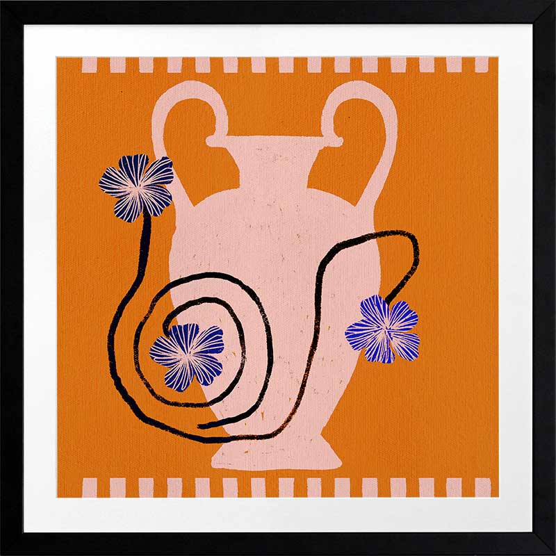 Soft pink Grecian-style vase with swirling black stems and purple blooms on a vivid orange background with a pale pink checkered border, from the Shatha collection with Urban Road.