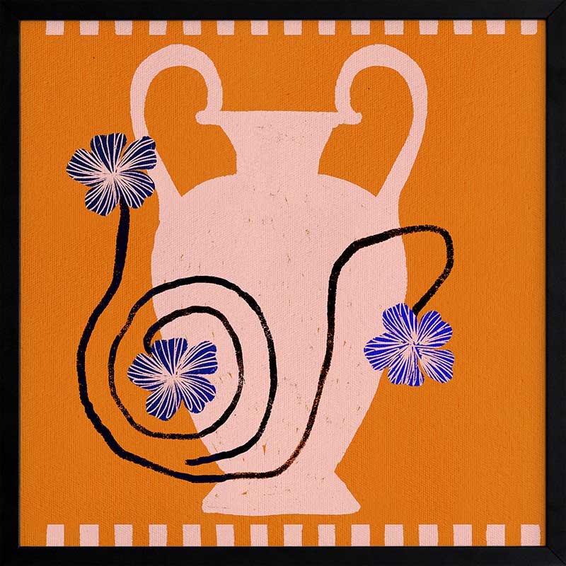 Soft pink Grecian-style vase with swirling black stems and purple blooms on a vivid orange background with a pale pink checkered border, from the Shatha collection with Urban Road.