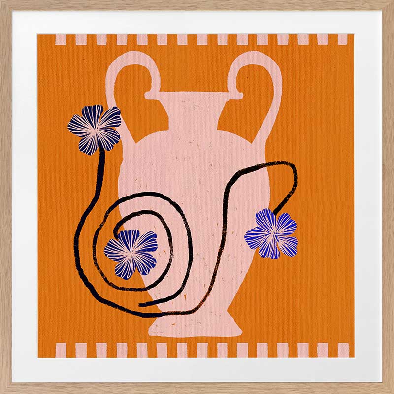 Soft pink Grecian-style vase with swirling black stems and purple blooms on a vivid orange background with a pale pink checkered border, from the Shatha collection with Urban Road.